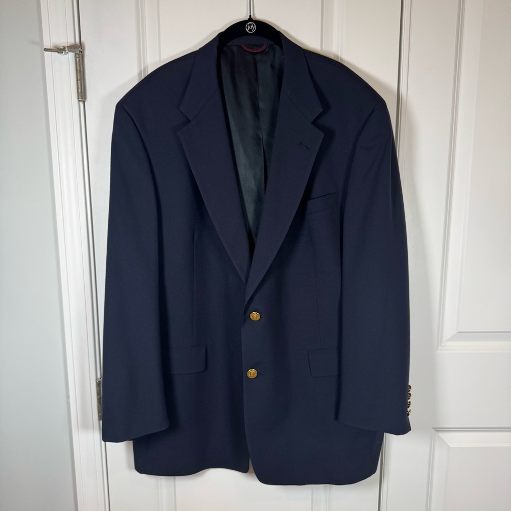 Hart Schaffner Marx Navy Wool Blazer 46L Gold Buttons Old Money USA Classic Prep